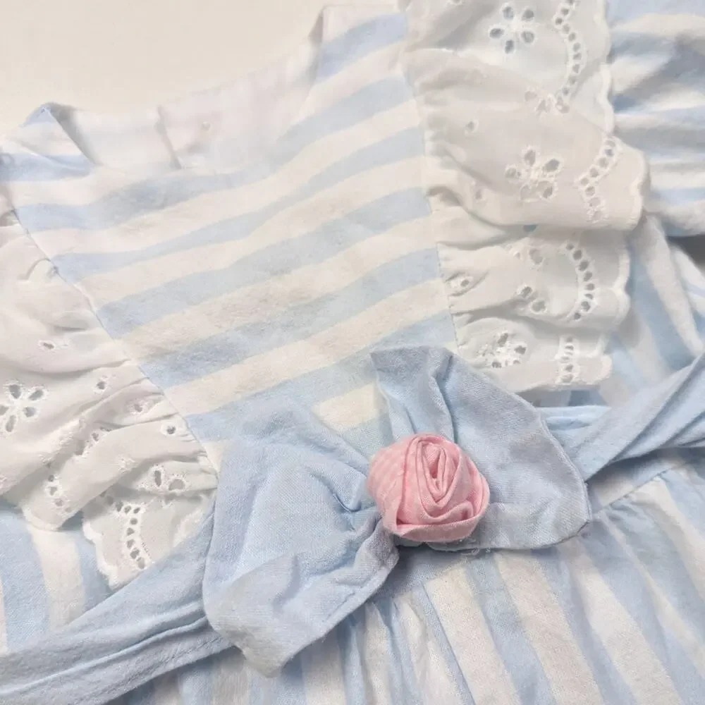 Vintage Nannette Romper Girls Size 12m Blue Stripe Rosette Bubble